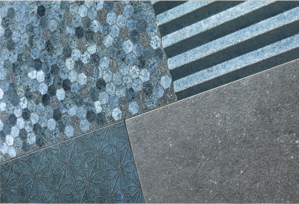 Fliesen in Natursteinoptik in Blau und Grau verschiedene Muster auch für Einsatz im Außenbereich geeignet