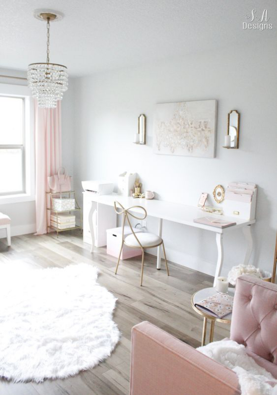 Home Office Design Ideen Rosa und Weiß in Kombination sehr stilvolles romantisches Raumdesign