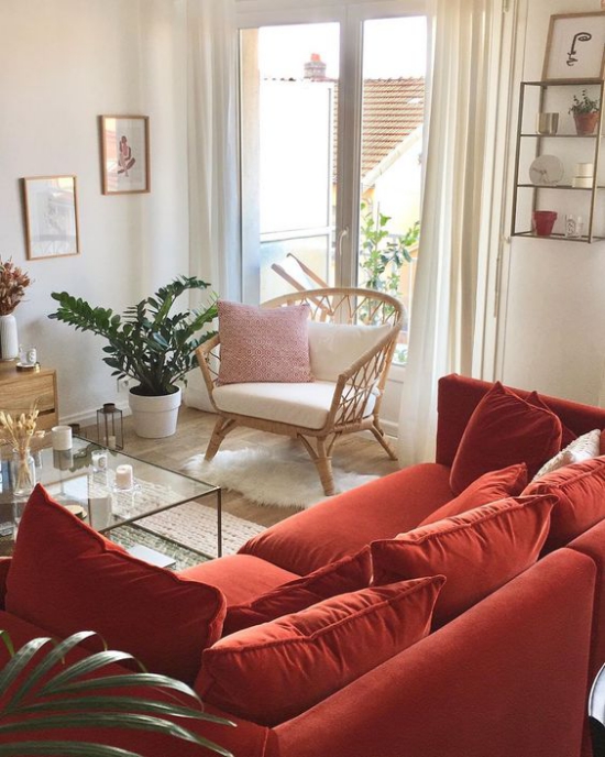 Rotes Sofa helles Ambiente Fenster viel Licht Sessel weiße Polsterkissen Deko Kissen Topfpflanze
