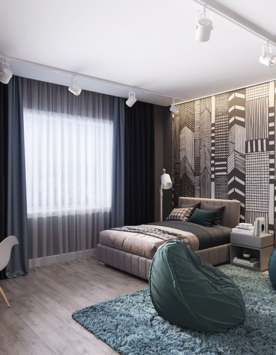 Teenager Zimmer interessante super moderne Raumgestaltung Wanddeko Gardinen Teppich in Smaragdgrün Deckenbeleuchtung auf Leisten
