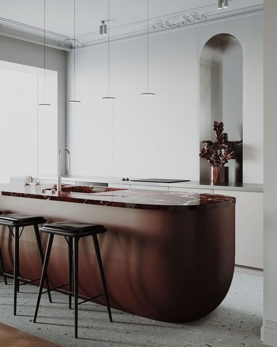 kontrastierende Kücheninsel sehr elegante Gestaltung Insel in warmem Braun optischer Kontrast zu der restlichen Kücheneinrichtung