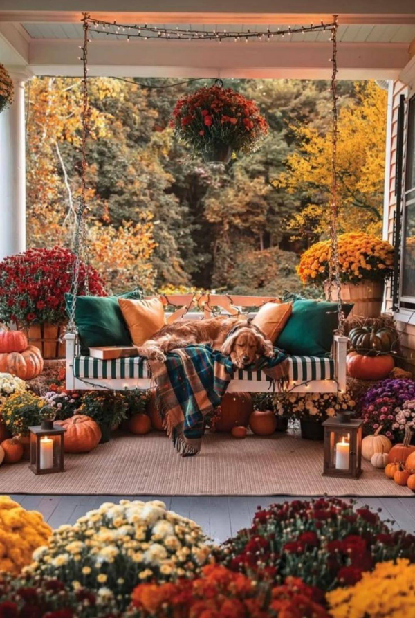 Herbstdeko vor der Haustur auf der Veranda viele Blumen warme herbstfarben Schaukel Vierbeiner fuhlt sich gut