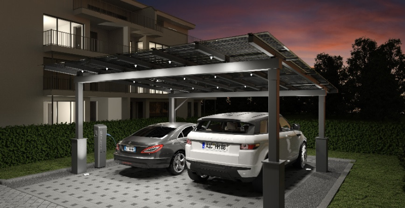 solar carport in der nacht modernes haus mit carport und zwei autos darin
