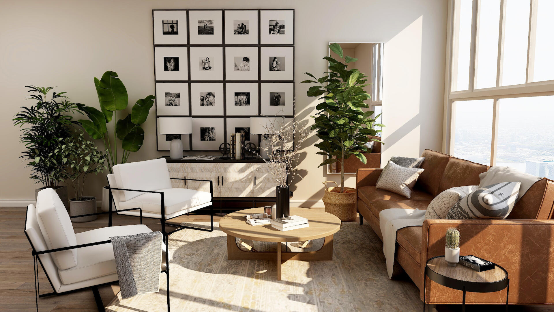 Schönes Wohnzimmer mit Sofa und Bilderwand – renovieren statt umziehen