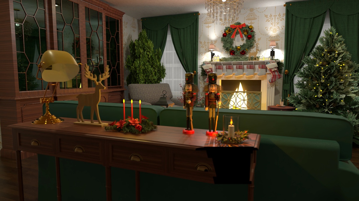 Weihnachtsdeko drinnen - den Schreibtisch weihnachtlich schmücken mit Adventskranz, Nussknackern und Hirschfigur