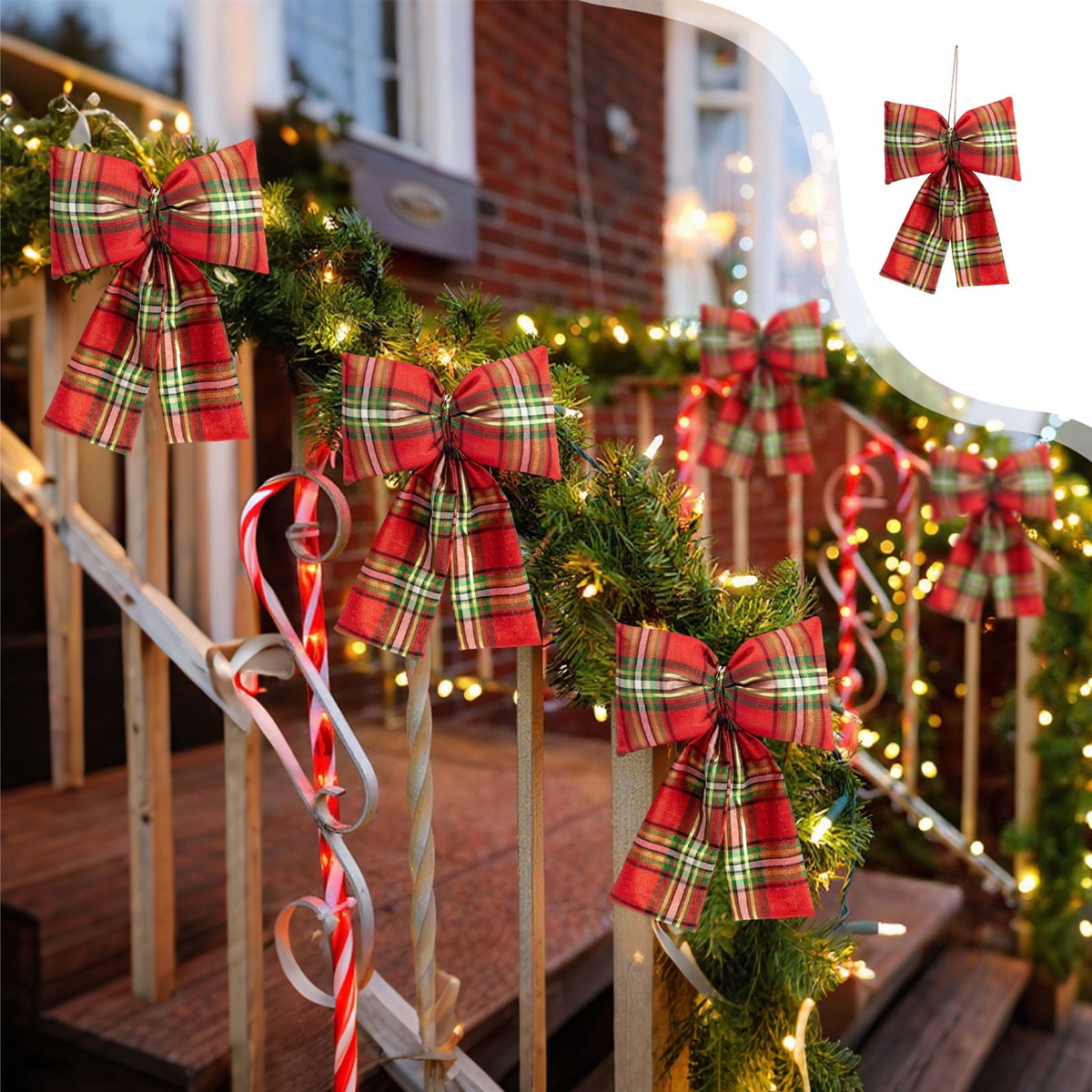 Geländer mit Tannengrün, großen Schleifen und Lichterketten weihnachtlich schmücken
