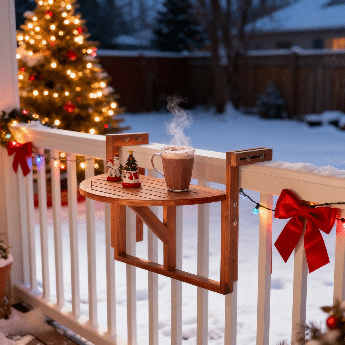 Weihnachtsdeko drinnen und draußen - Terrasse weinhnachtlich dekoriert - Klapptisch mit einer Tasse heißer Schokolade