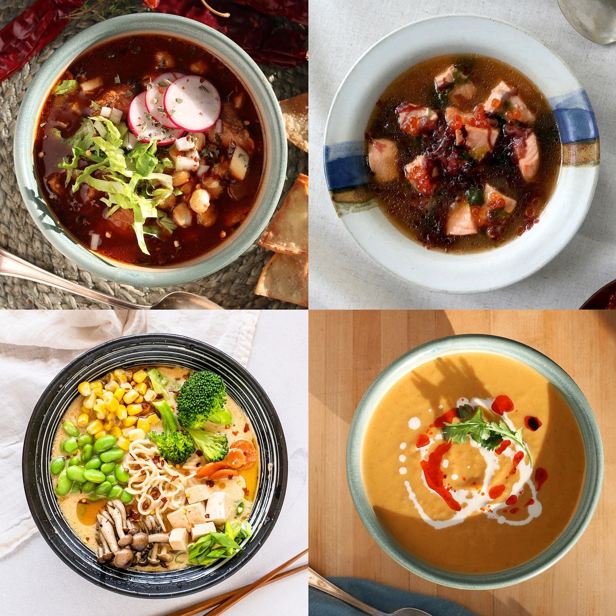 vier verschiedene warme Wintersuppen zur Auswahl 