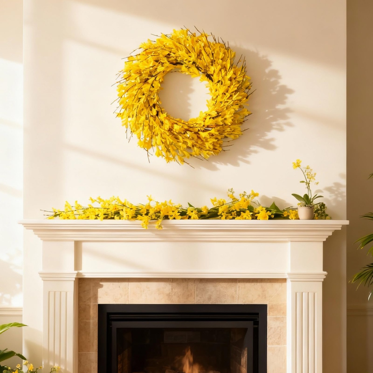 Kranz aus Forsythien an der Wand über dem Kamin