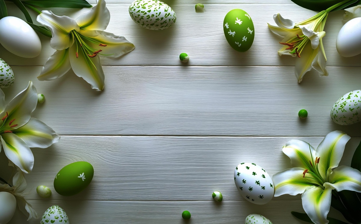 bunte Eier und Blumen in der Osterdeko in Weiß und Grün 