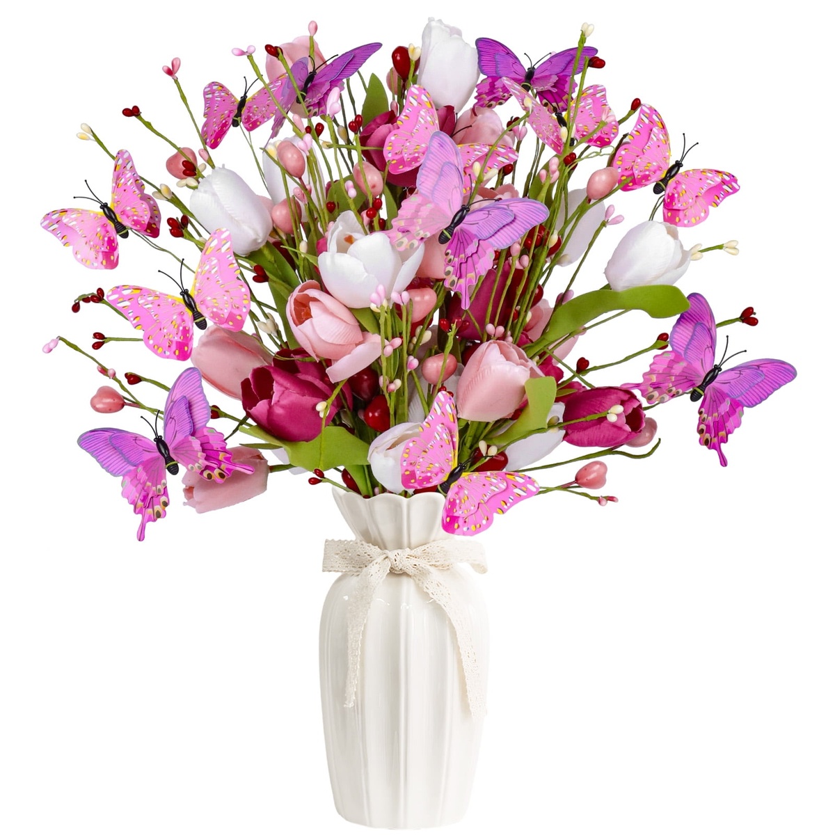 buntes Arrangement mit Tulpen und kleinen Schmetterlingen 